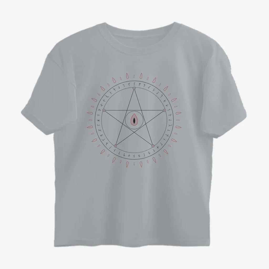 Oztra Invocation grey melange oversized tee, front view showing the Invocation print