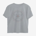 Oztra Invocation grey melange oversized tee, front view showing the Invocation print