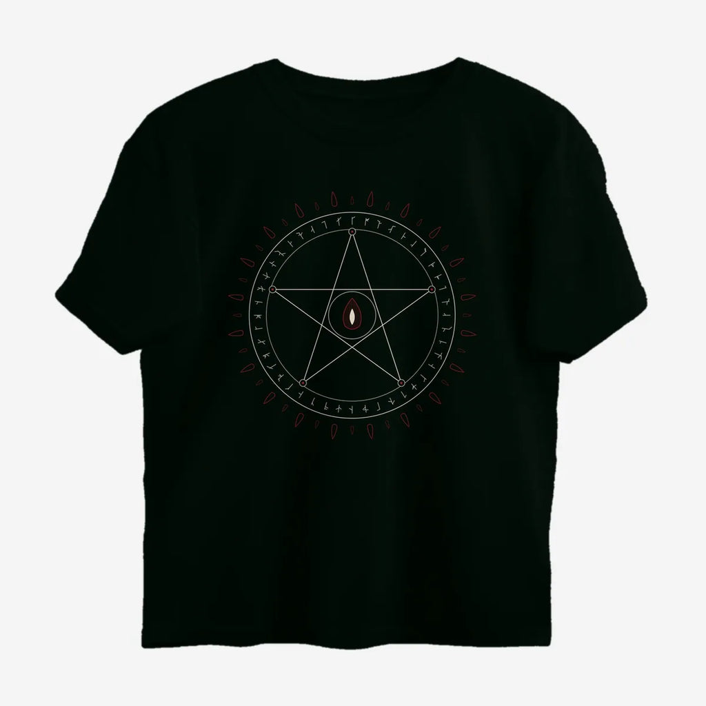 Oztra Invocation jet black oversized tee, front view showing the Invocation print