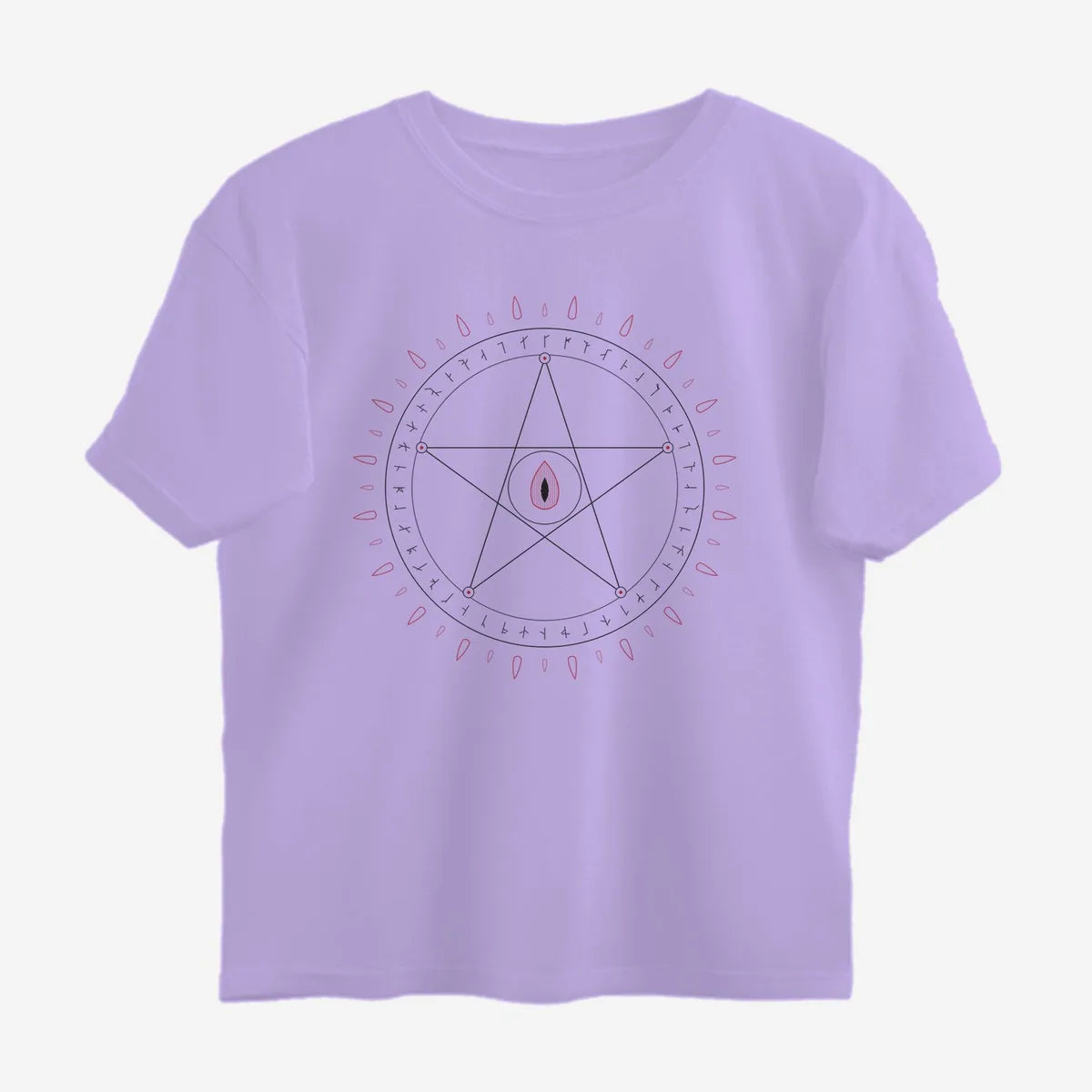 Oztra Invocation lavender oversized tee, front view showing the Invocation print