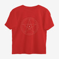 Oztra Invocation red oversized tee, front view showing the Invocation print