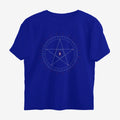 Oztra Invocation royal blue oversized tee, front view showing the Invocation print
