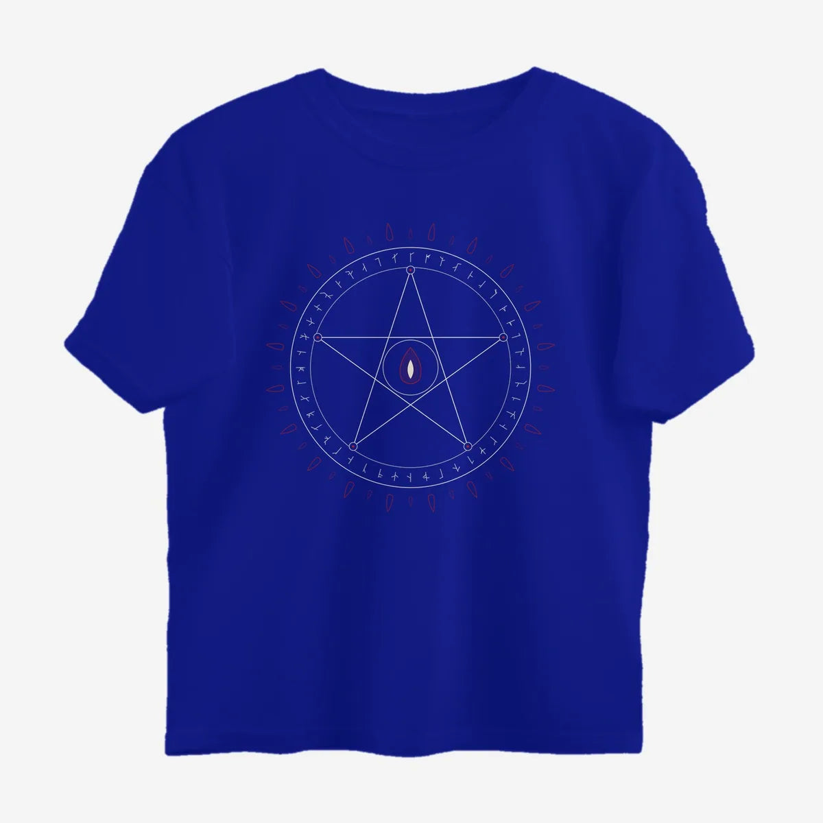 Oztra Invocation royal blue oversized tee, front view showing the Invocation print