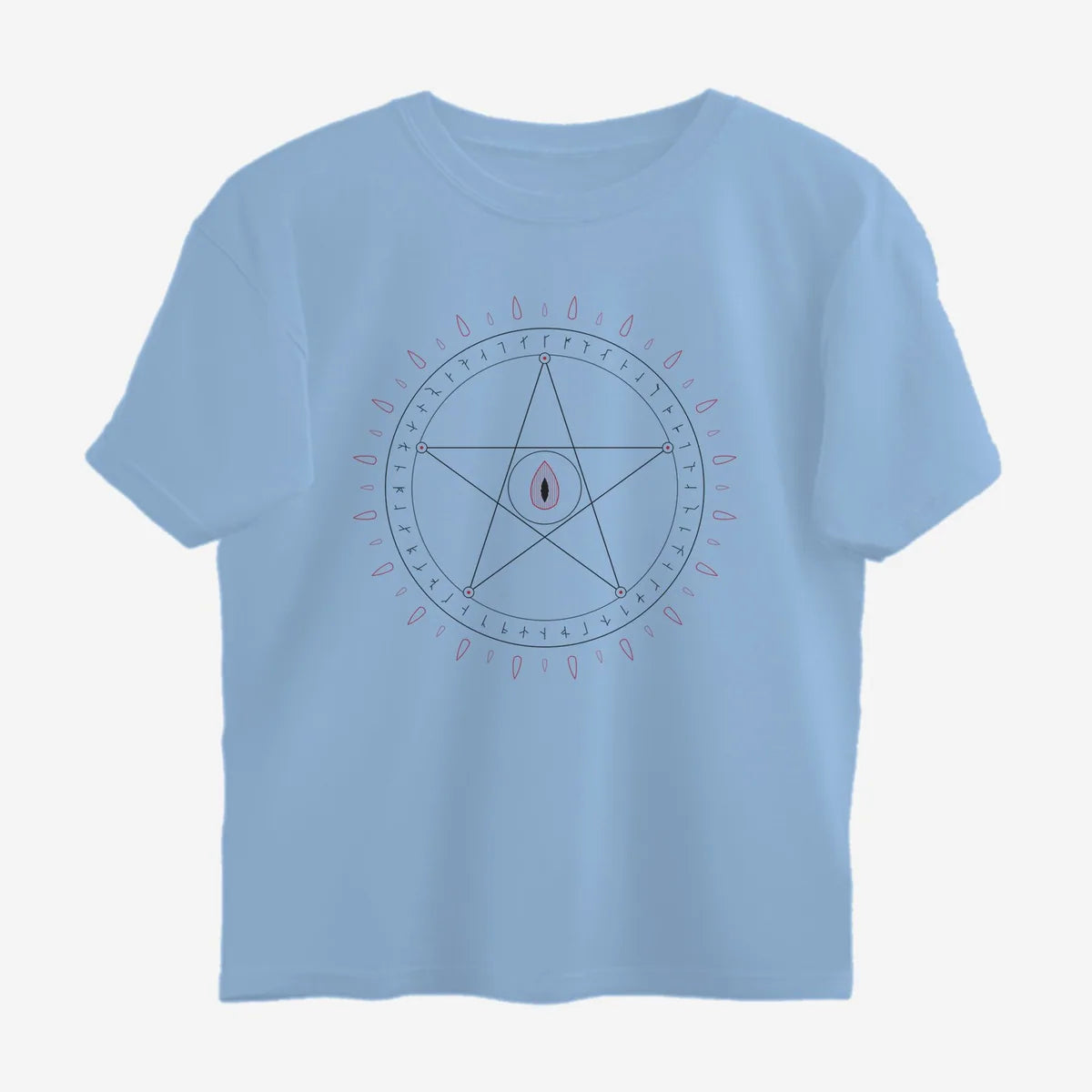 Oztra Invocation sky blue oversized tee, front view showing the Invocation print