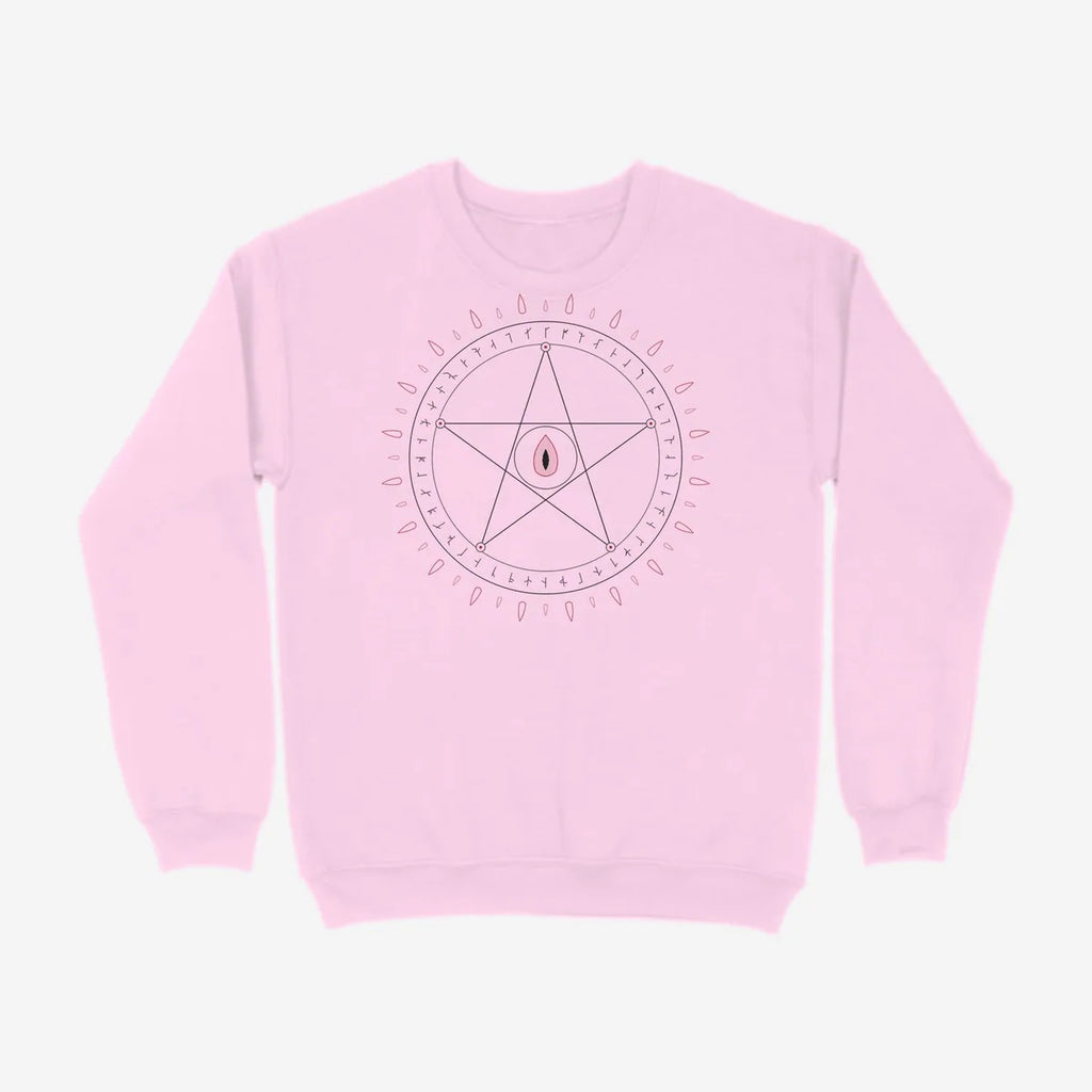 Oztra Invocation baby pink sweatshirt, front view showing the Invocation print