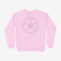 Oztra Invocation baby pink sweatshirt, front view showing the Invocation print