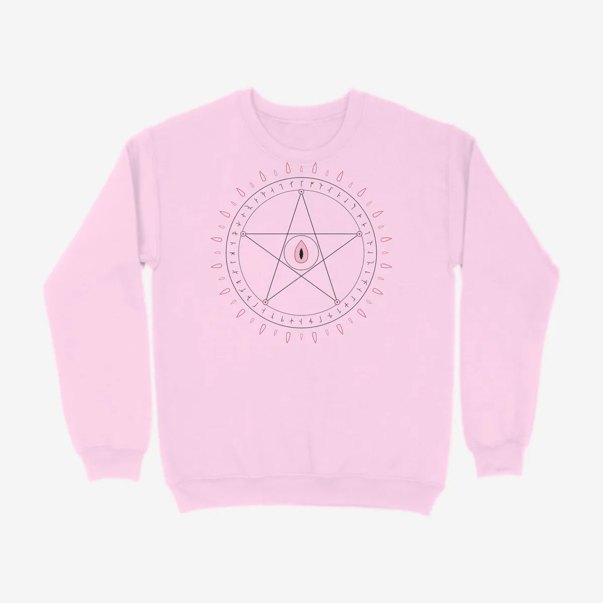 Oztra Invocation baby pink sweatshirt, front view showing the Invocation print