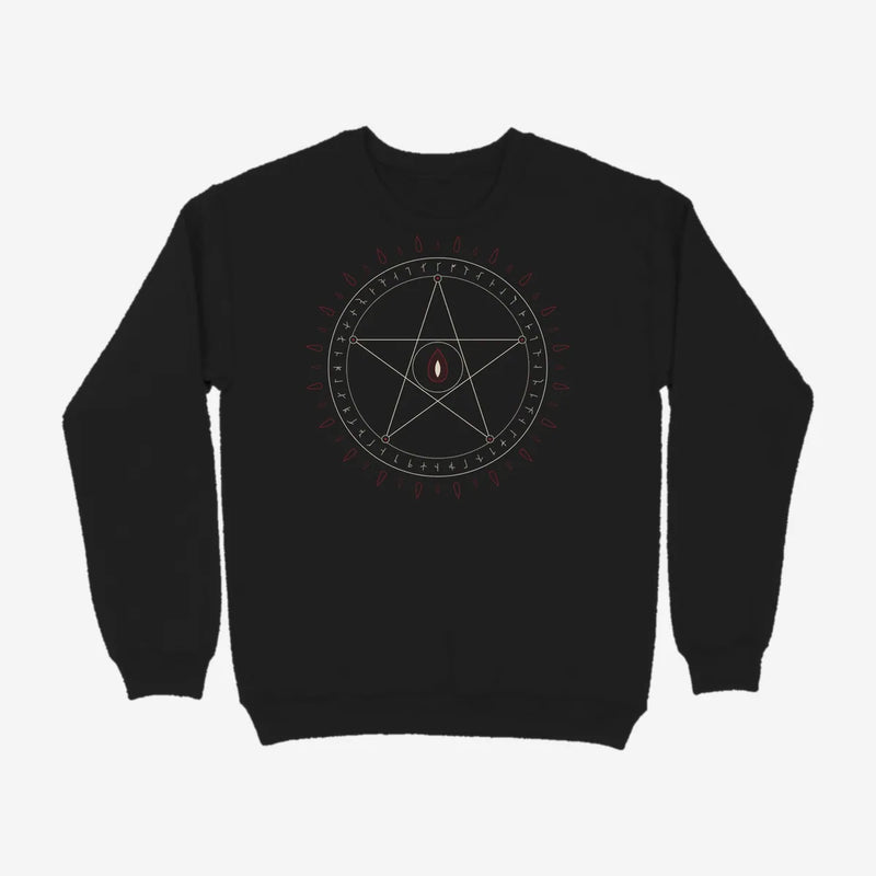 Oztra Invocation black sweatshirt, front view showing the Invocation print