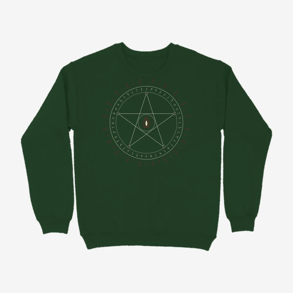 Oztra Invocation bottle green sweatshirt, front view showing the Invocation print