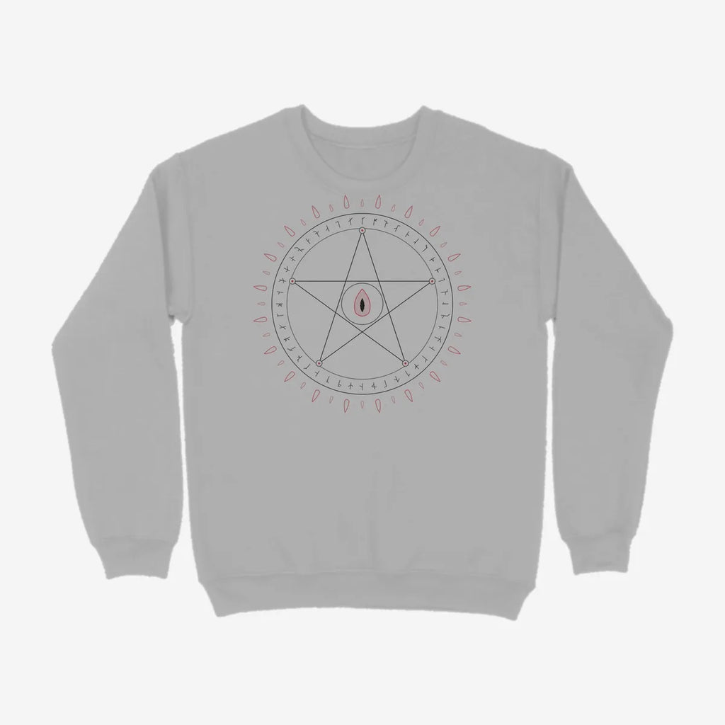 Oztra Invocation grey melange sweatshirt, front view showing the Invocation print