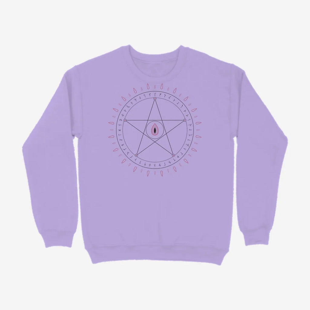 Oztra Invocation lavender sweatshirt, front view showing the Invocation print
