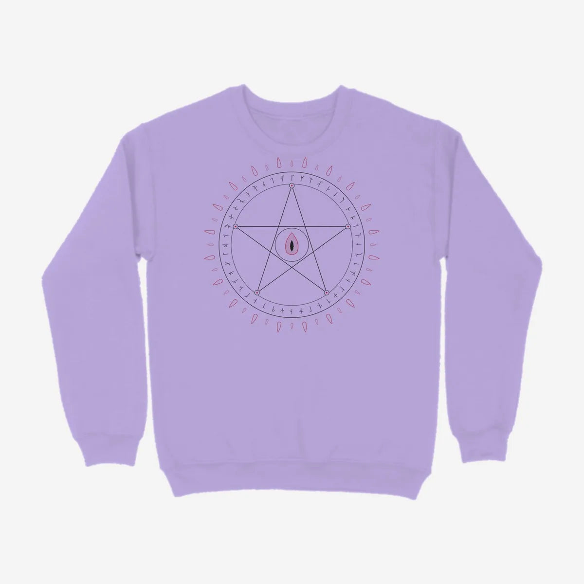 Oztra Invocation lavender sweatshirt, front view showing the Invocation print