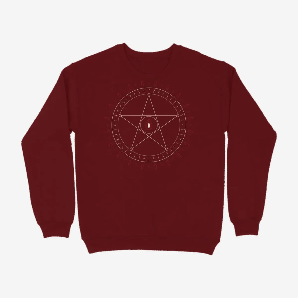 Oztra Invocation maroon sweatshirt, front view showing the Invocation print