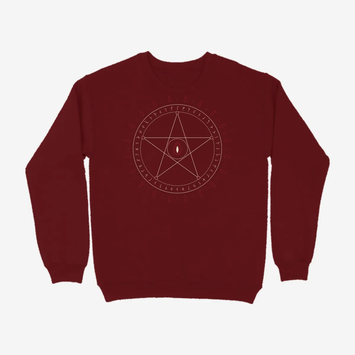 Oztra Invocation maroon sweatshirt, front view showing the Invocation print
