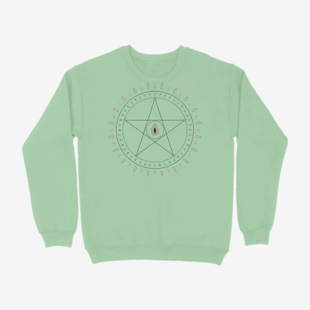 Oztra Invocation mint sweatshirt, front view showing the Invocation print