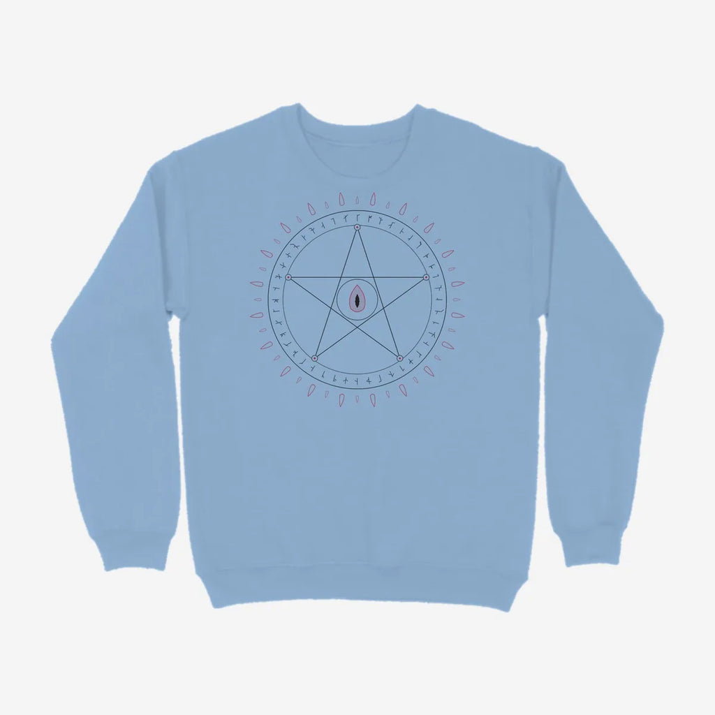 Oztra Invocation sky blue sweatshirt, front view showing the Invocation print