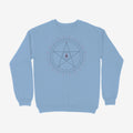 Oztra Invocation sky blue sweatshirt, front view showing the Invocation print