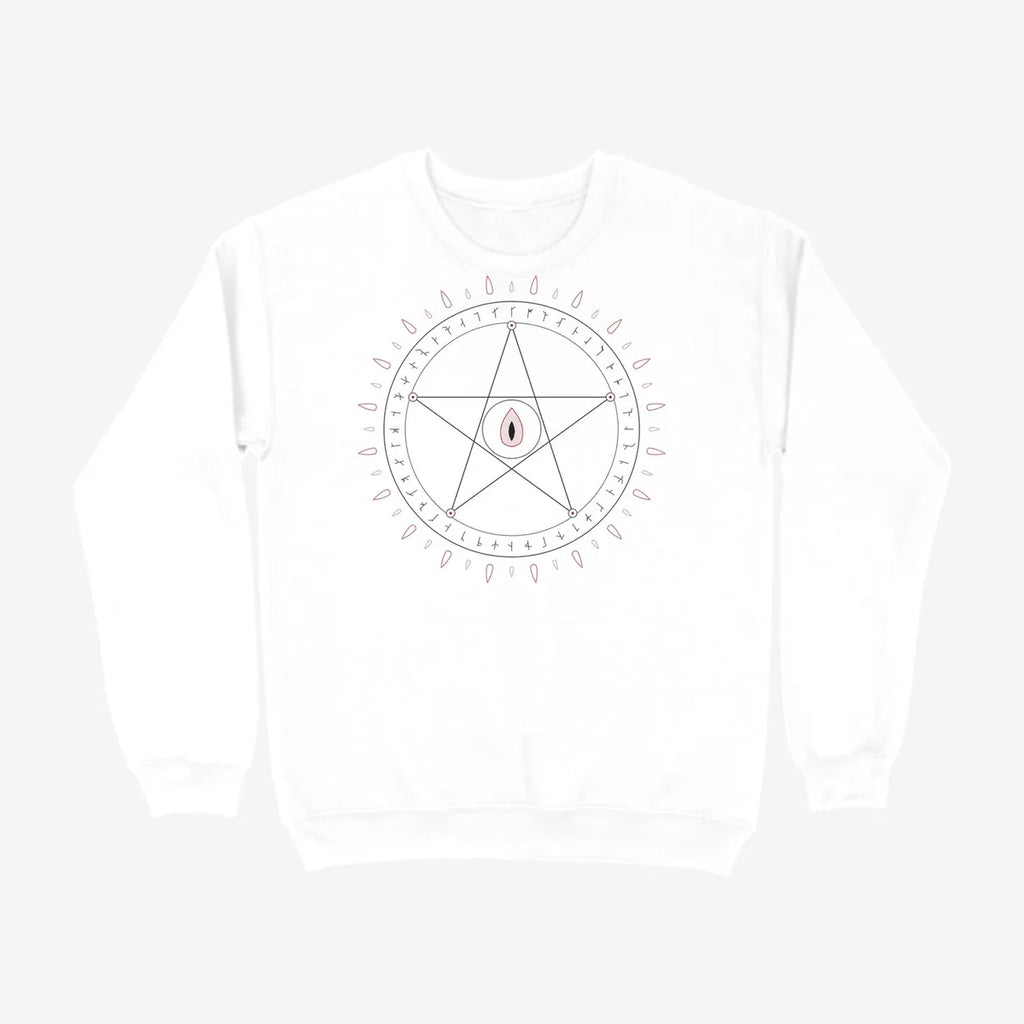 Oztra Invocation white sweatshirt, front view showing the Invocation print