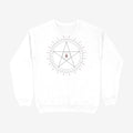Oztra Invocation white sweatshirt, front view showing the Invocation print