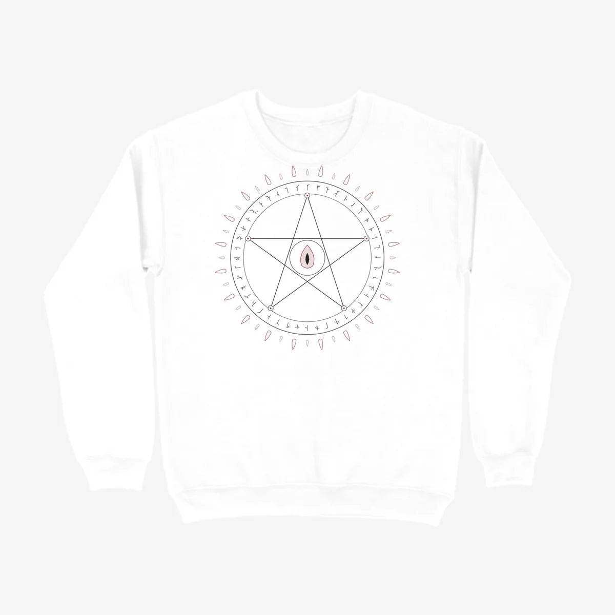 Oztra Invocation white sweatshirt, front view showing the Invocation print