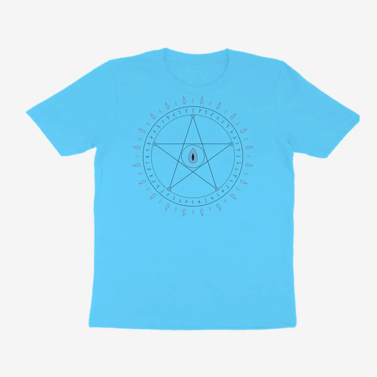 Oztra Invocation aqua blue tee, front view showing the Invocation print