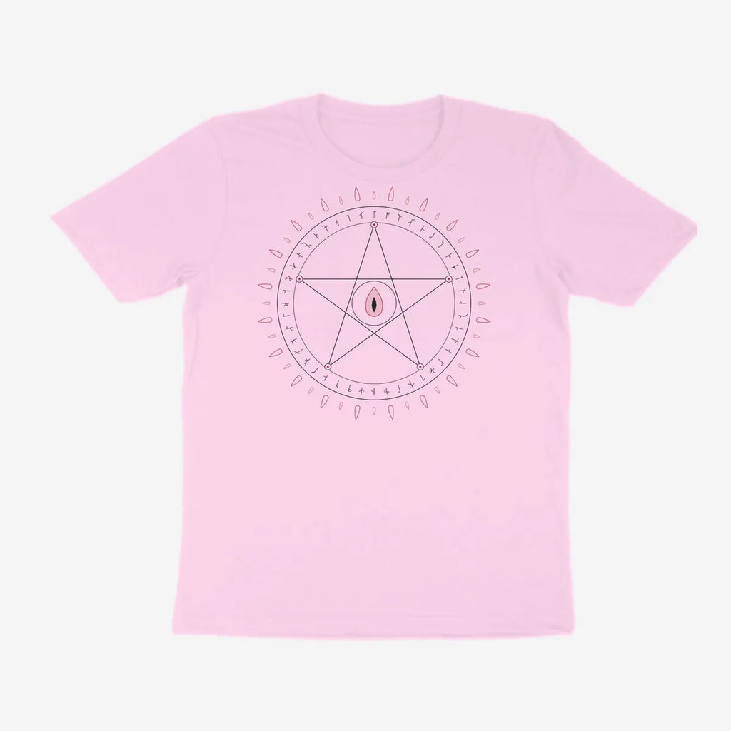 Oztra Invocation baby pink tee, front view showing the Invocation print