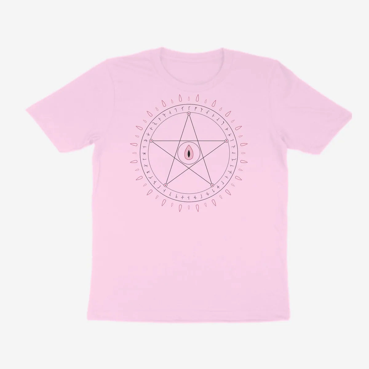 Oztra Invocation baby pink tee, front view showing the Invocation print