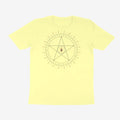Oztra Invocation butter yellow tee, front view showing the Invocation print