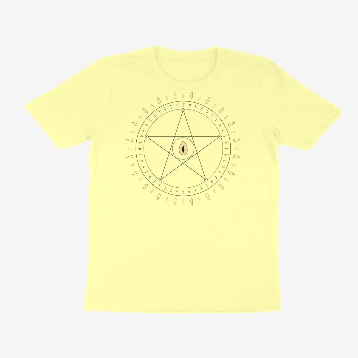Oztra Invocation butter yellow tee, front view showing the Invocation print