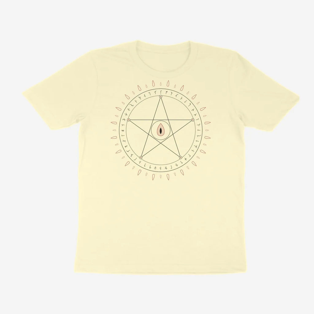 Oztra Invocation cream tee, front view showing the Invocation print