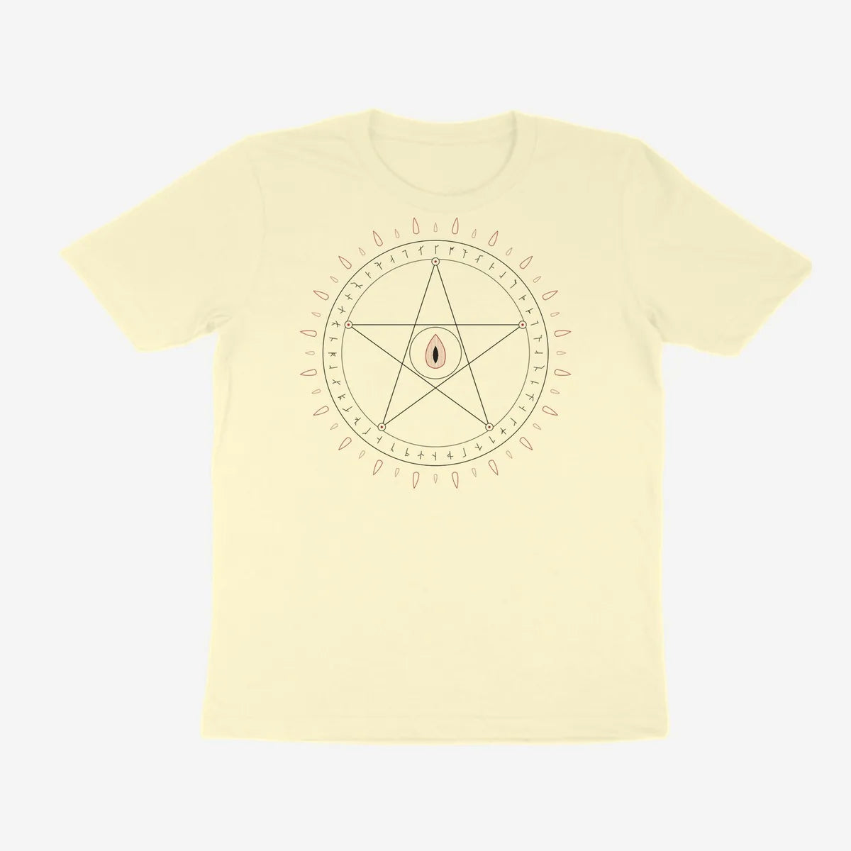 Oztra Invocation cream tee, front view showing the Invocation print