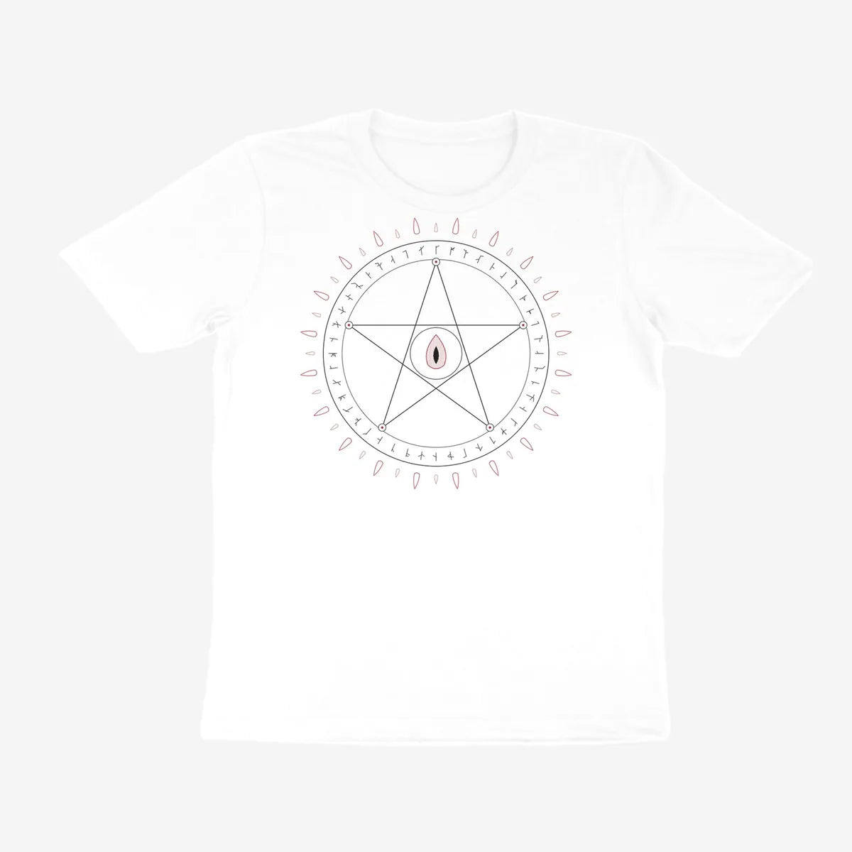 Oztra Invocation white tee, front view showing the Invocation print