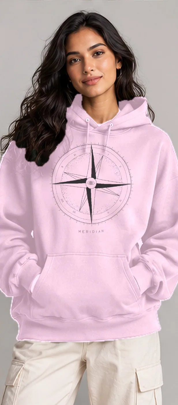 Model wearing the Oztra Meridian hoodie in baby pink