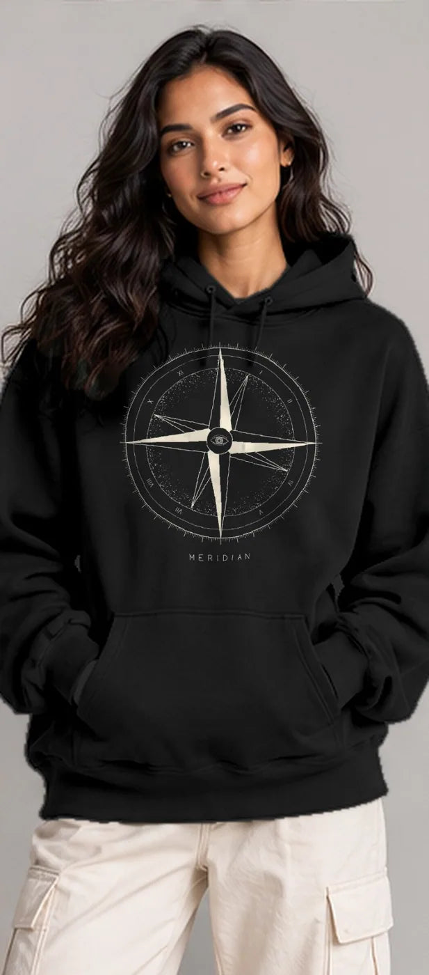 Model wearing the Oztra Meridian hoodie in black