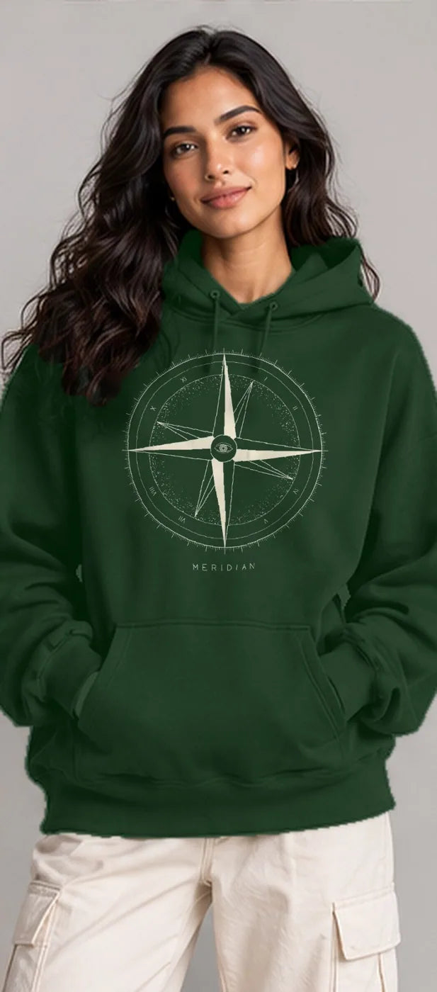 Model wearing the Oztra Meridian hoodie in bottle green