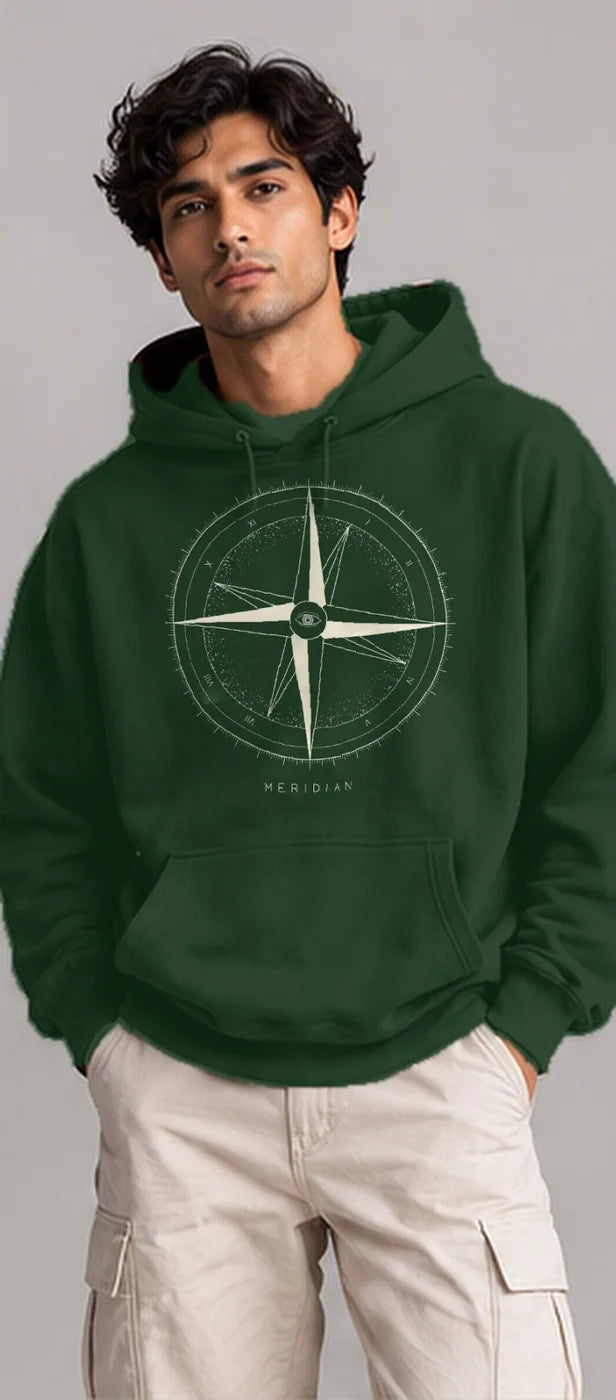 Model wearing the Oztra Meridian hoodie in bottle green