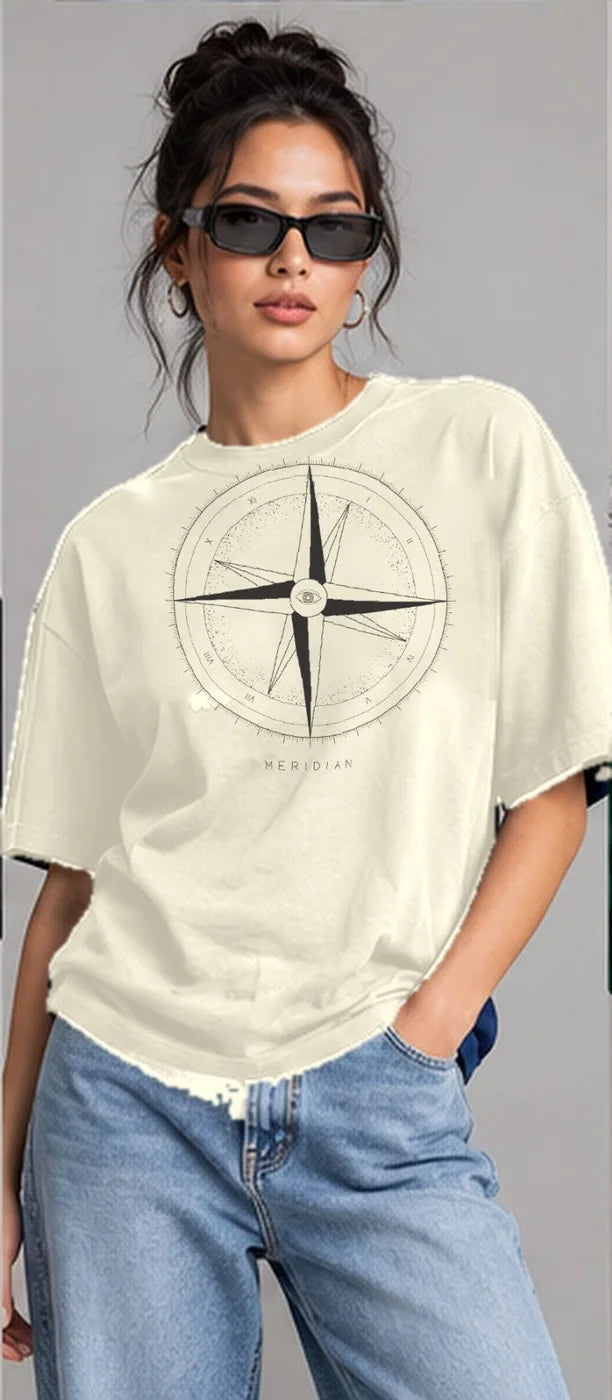 Model wearing the Oztra Meridian oversized tee in beige
