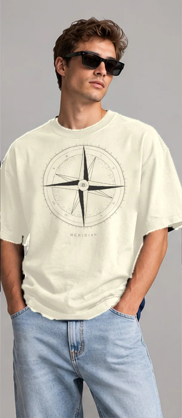 Model wearing the Oztra Meridian oversized tee in beige