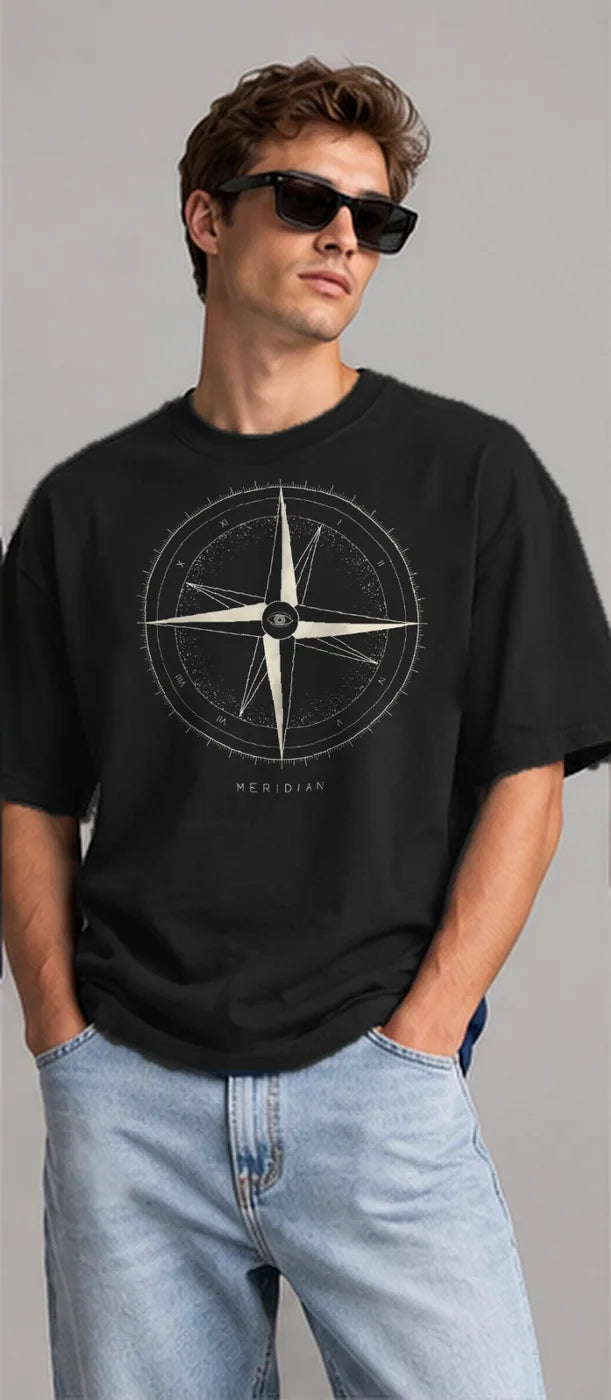 Model wearing the Oztra Meridian oversized tee in black