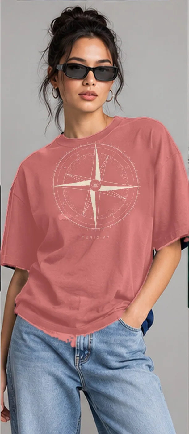 Model wearing the Oztra Meridian oversized tee in dusty rose