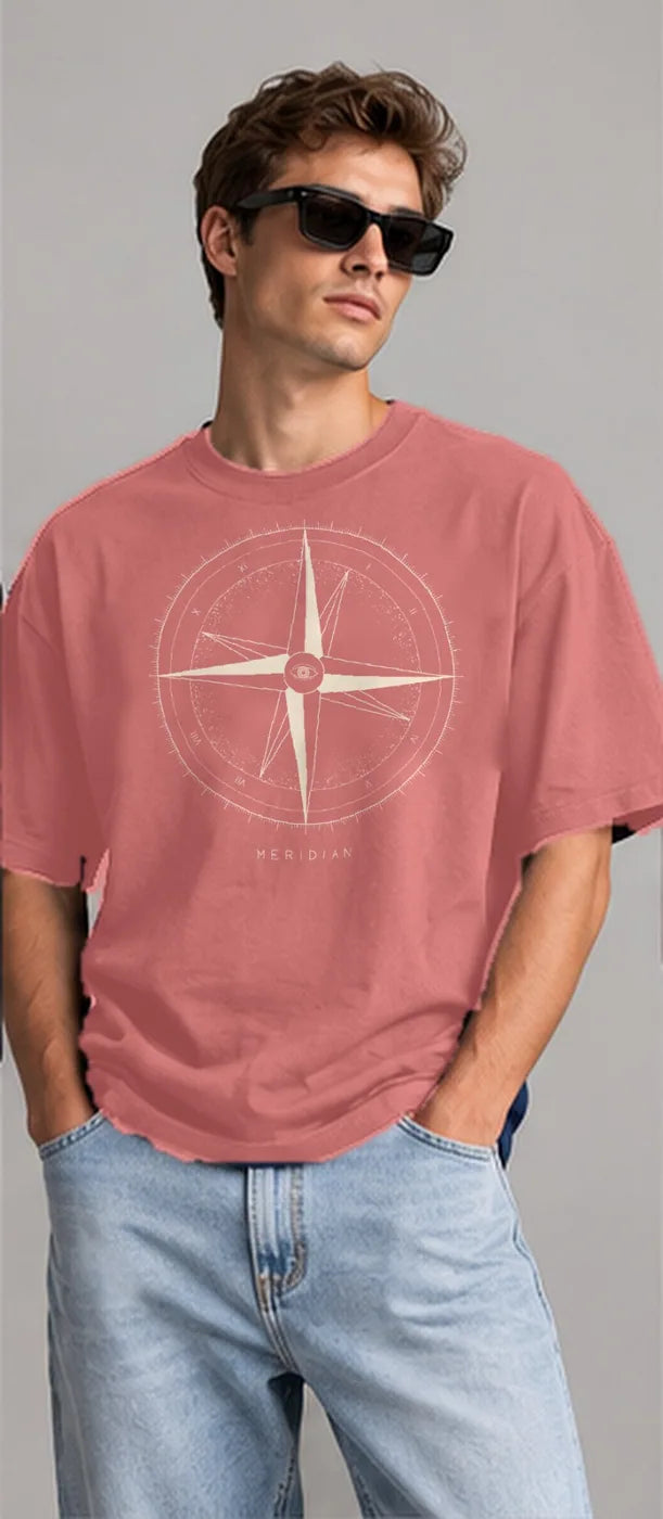 Model wearing the Oztra Meridian oversized tee in dusty rose