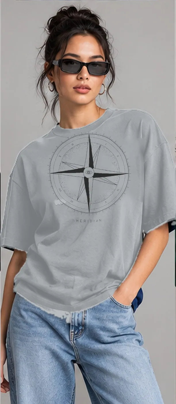 Model wearing the Oztra Meridian oversized tee in grey melange
