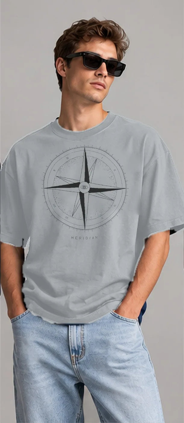 Model wearing the Oztra Meridian oversized tee in grey melange