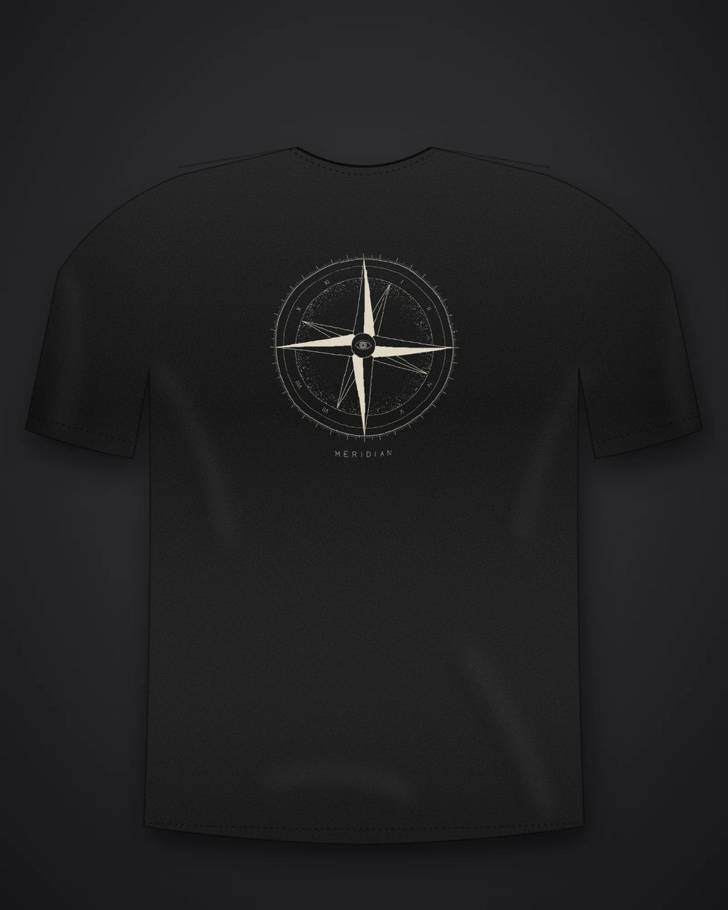 Oztra Meridian jet black oversized tee, front view showing the Meridian print