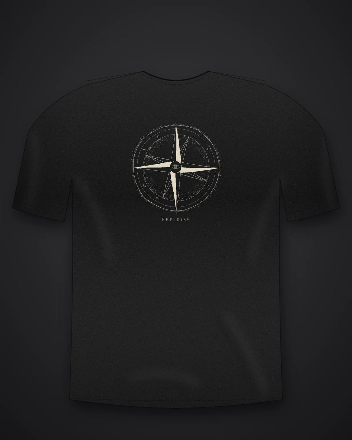 Oztra Meridian jet black oversized tee, front view showing the Meridian print