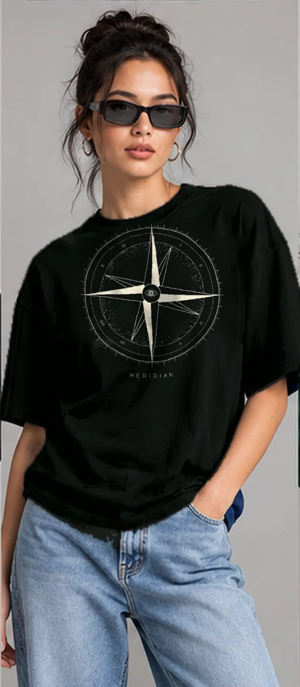 Model wearing the Oztra Meridian oversized tee in jet black