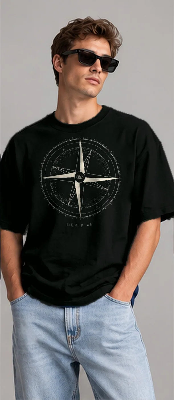 Model wearing the Oztra Meridian oversized tee in jet black