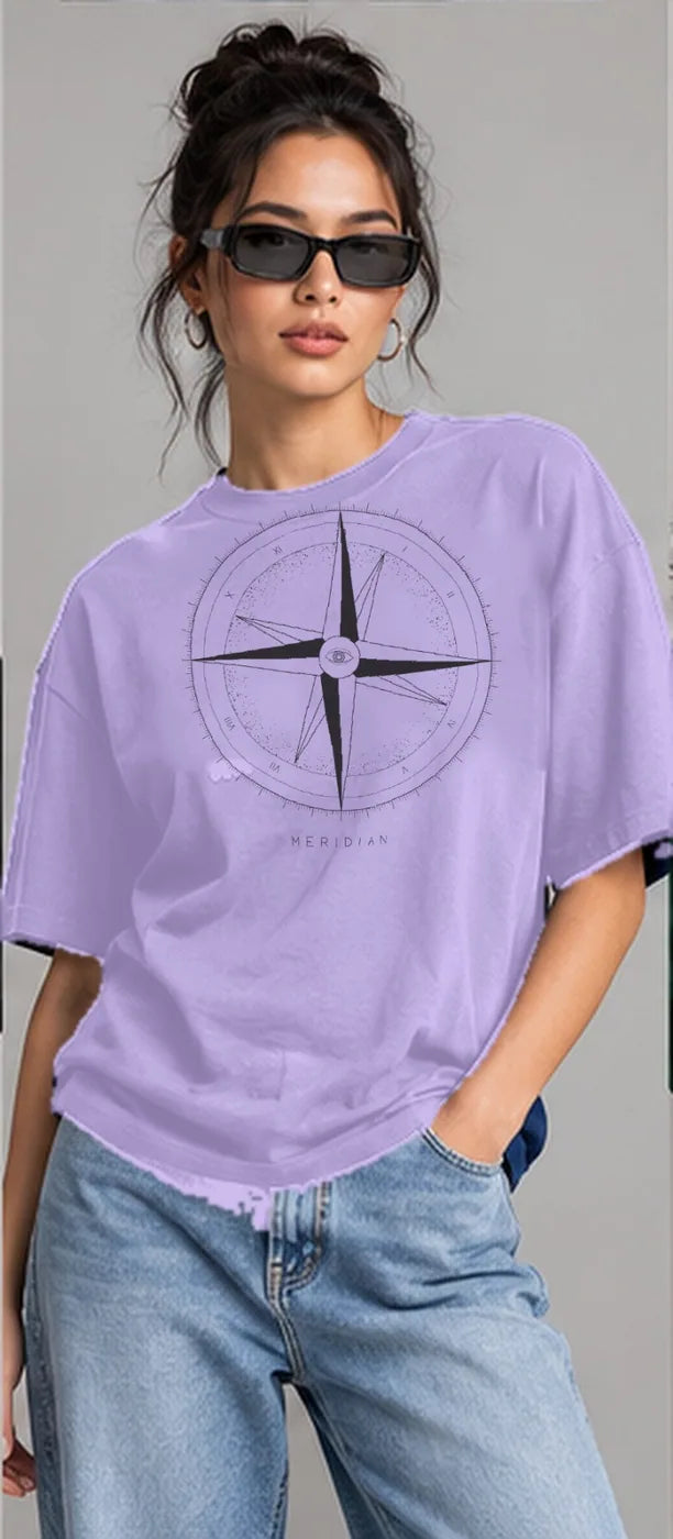 Model wearing the Oztra Meridian oversized tee in lavender