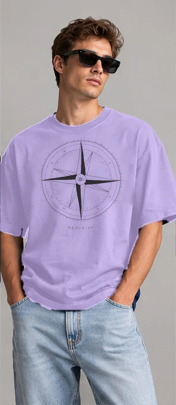 Model wearing the Oztra Meridian oversized tee in lavender