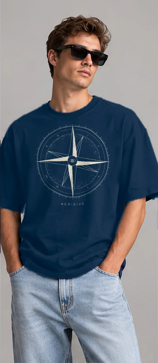 Model wearing the Oztra Meridian oversized tee in navy